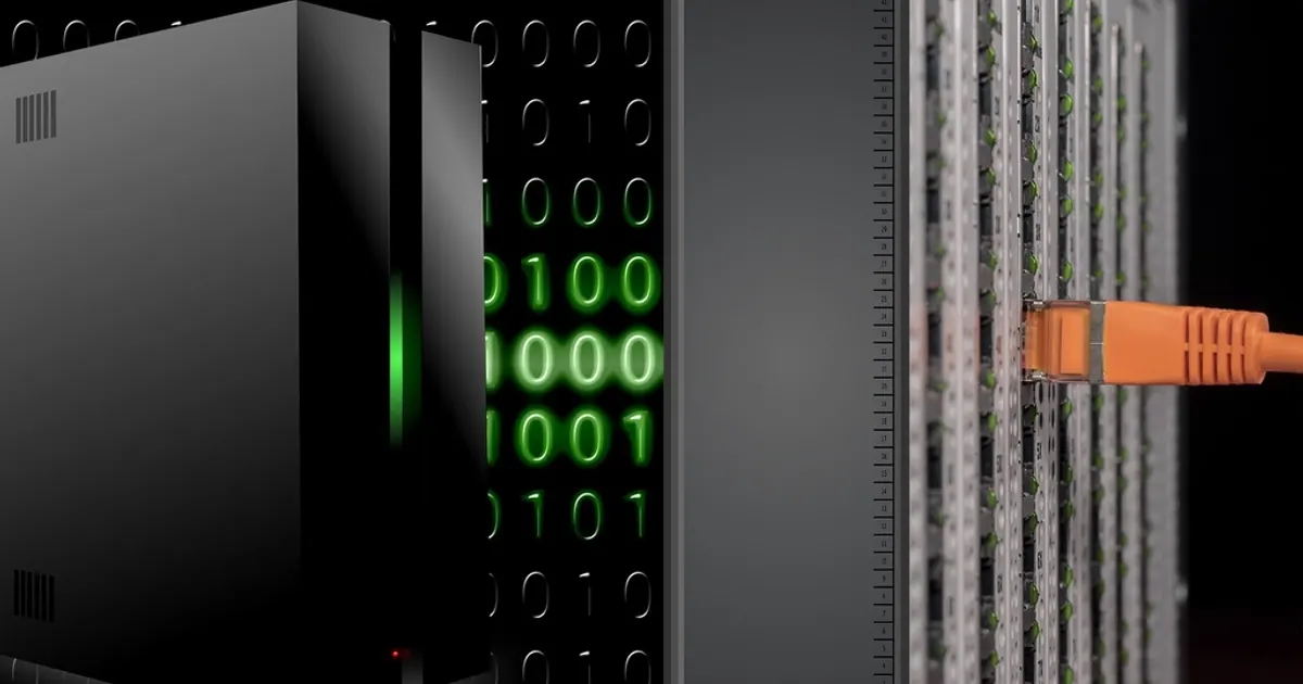 Green binary digits on a dark screen beside server hardware